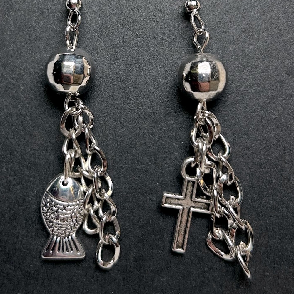 New Asymmetrical Cross & Fish Chain Earrings